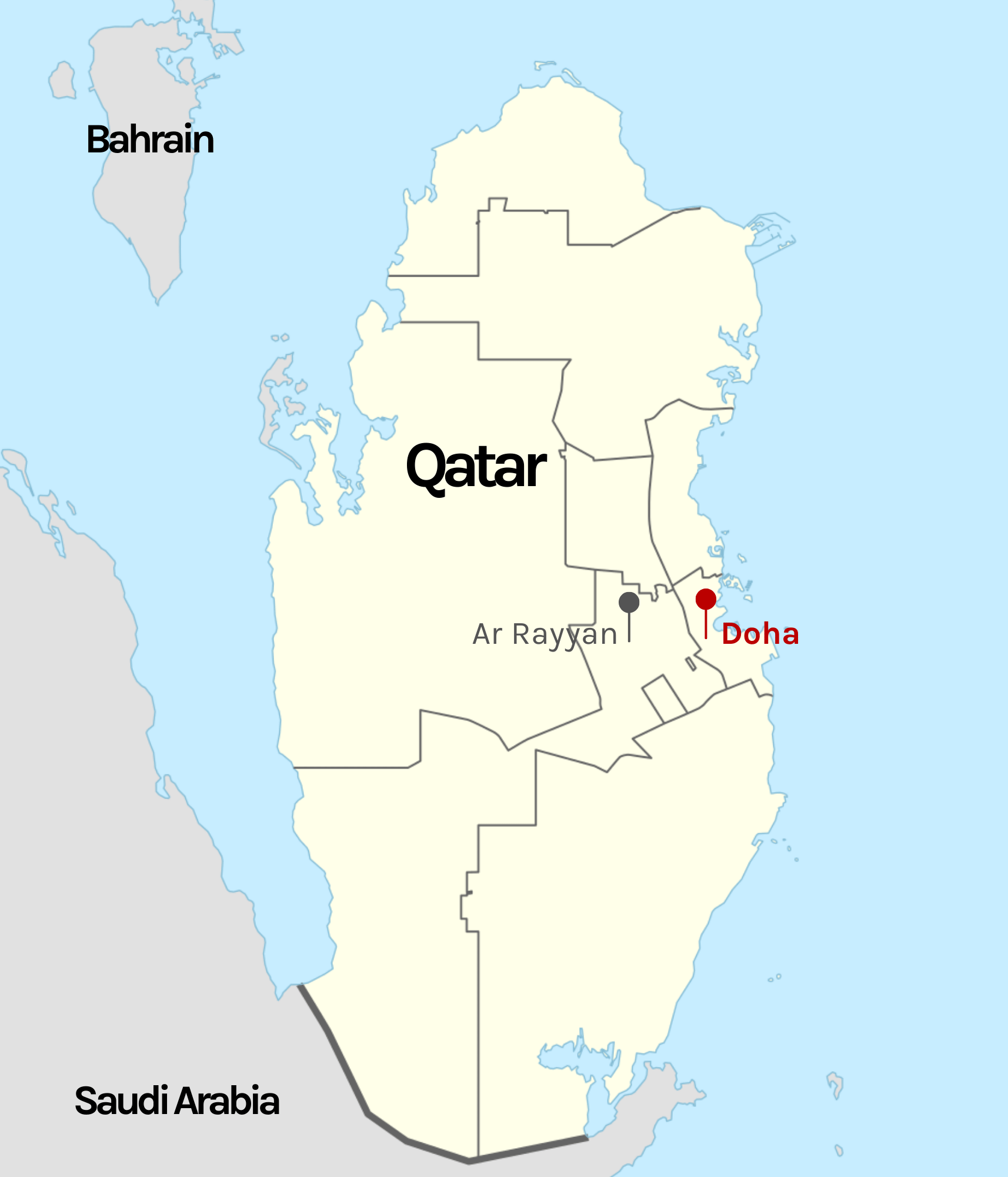Doha on map of Qatar
