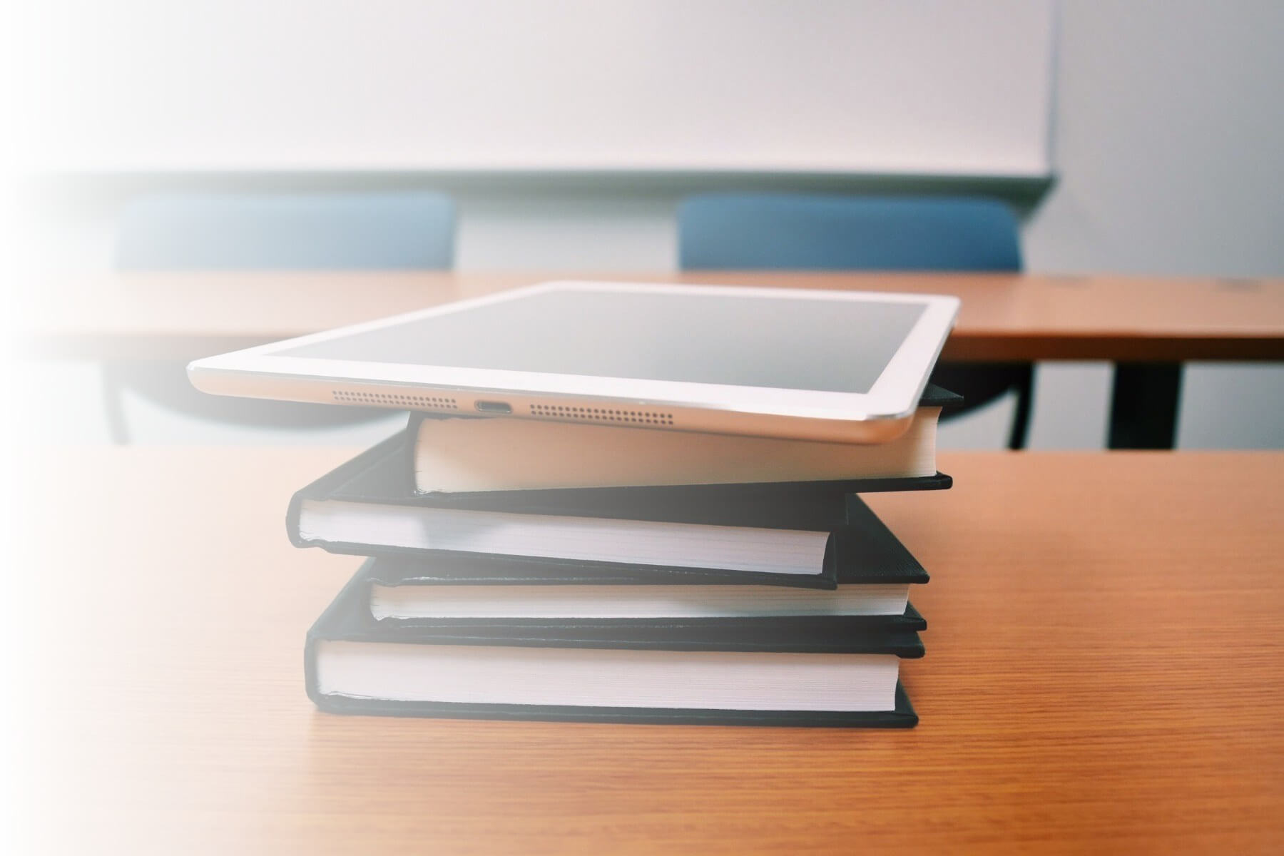 Books on desk in Prague