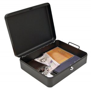 important documents in a black document safe box